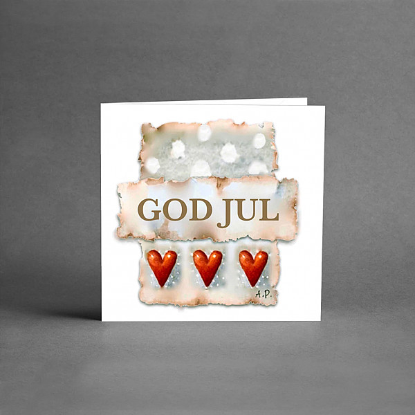 Small Christmas Card God Jul Three Hearts