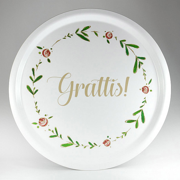 Round Tray Grattis Flower Wreath - White / Gold