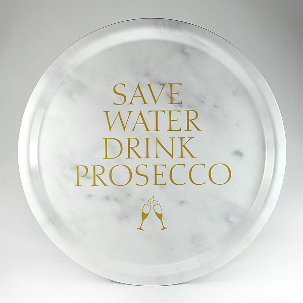 Rund Bricka Save Water drink Prosecco - Marmor/Guld