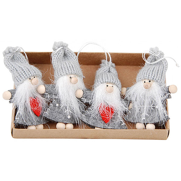 Hanging Santas Grey with Heart / Snowflake - 4 pcs
