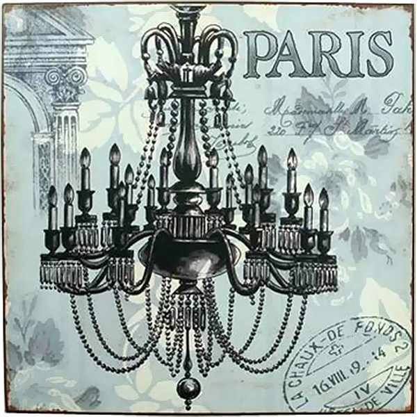 Tin Sign Paris with chandelier