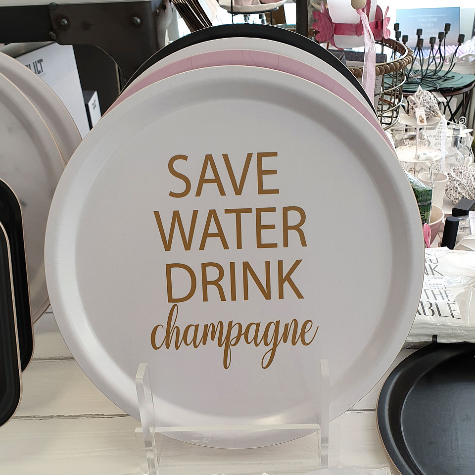 Round Tray Save Water drink Champagne - White / Gold