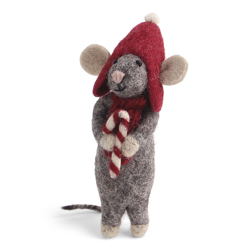 Felted Grey Mouse with Candy Cane